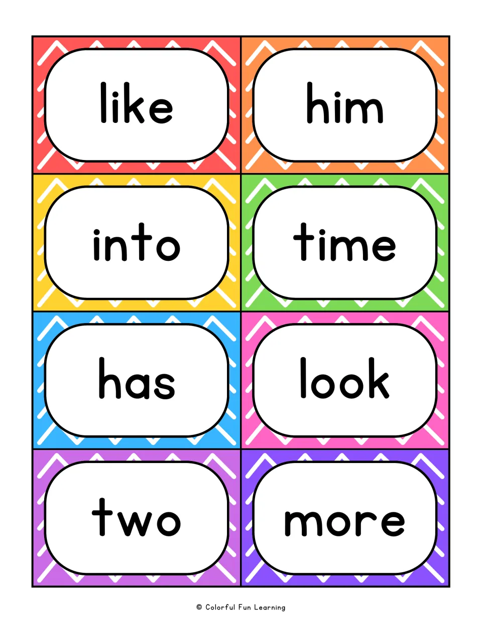 Sight words like, him, into, time, has, look, two and more on cards for students to read quickly and accurately