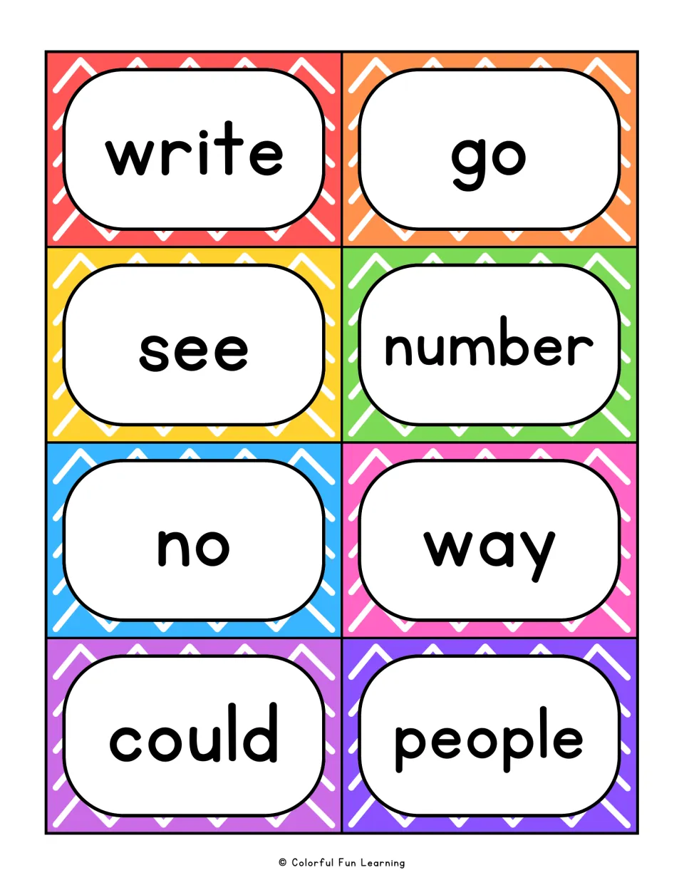 Word cards for write, go, see, number, no, way, could and people that students practise recognizing instantly