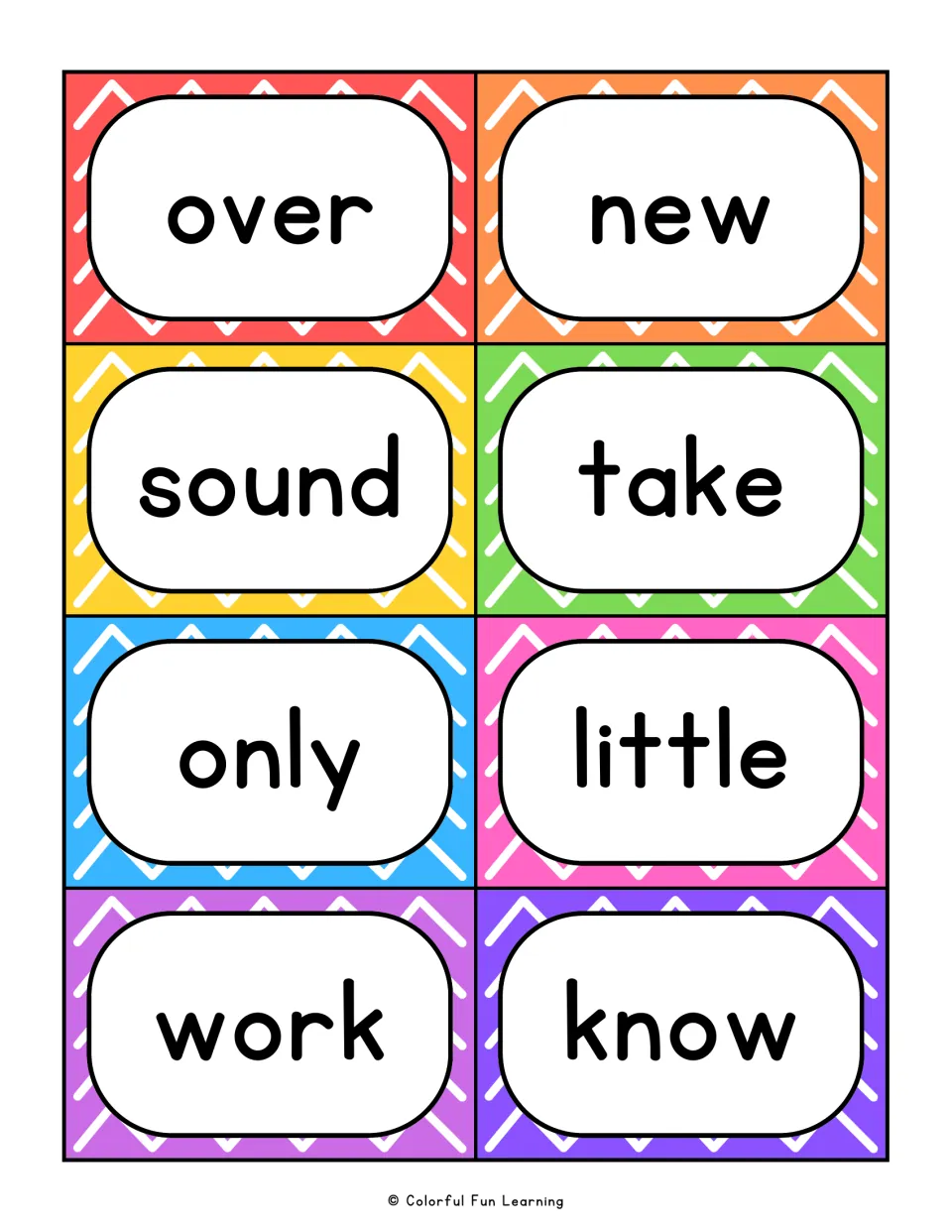 Sight word flashcards 1–8: over, new, sound, take, only, little, work, and know for reading practice