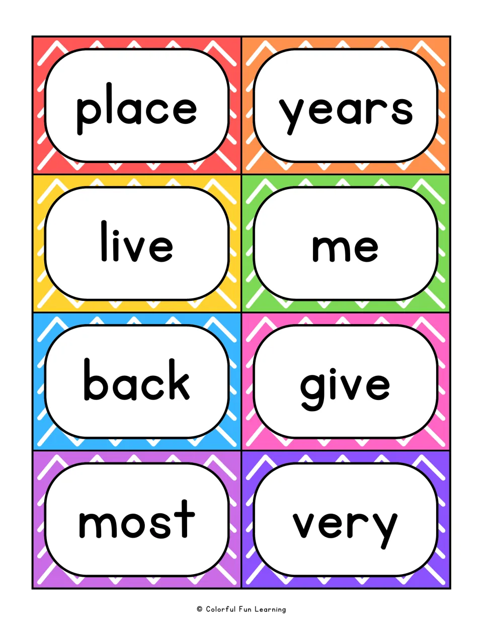 Sight word flashcards 9–16: place, years, live, me, back, give, most, and very for reading practice