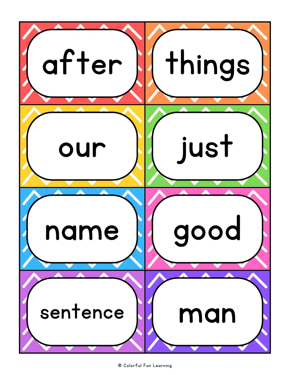 Sight word flashcards 17–24: after, things, our, just, name, good, sentence, and man for reading practice