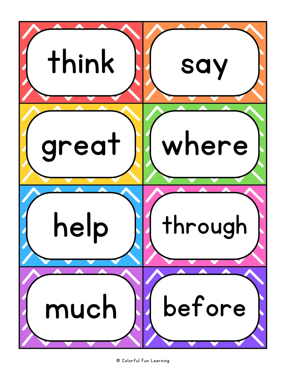 Sight word flashcards 25–32: think, say, great, where, help, through, much, and before for reading practice