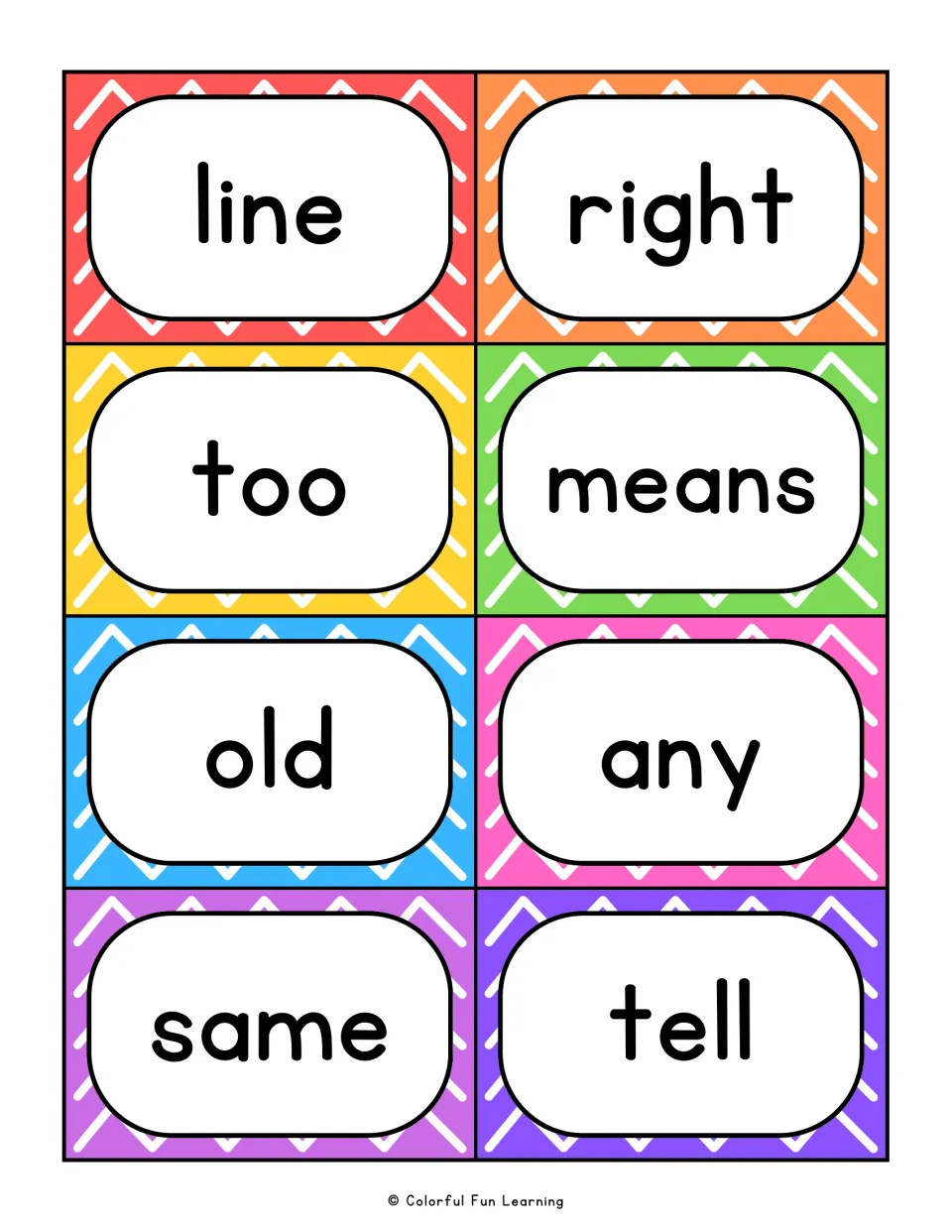 Sight word flashcards 33–40: line, right, too, means, old, any, same, and tell for reading practice