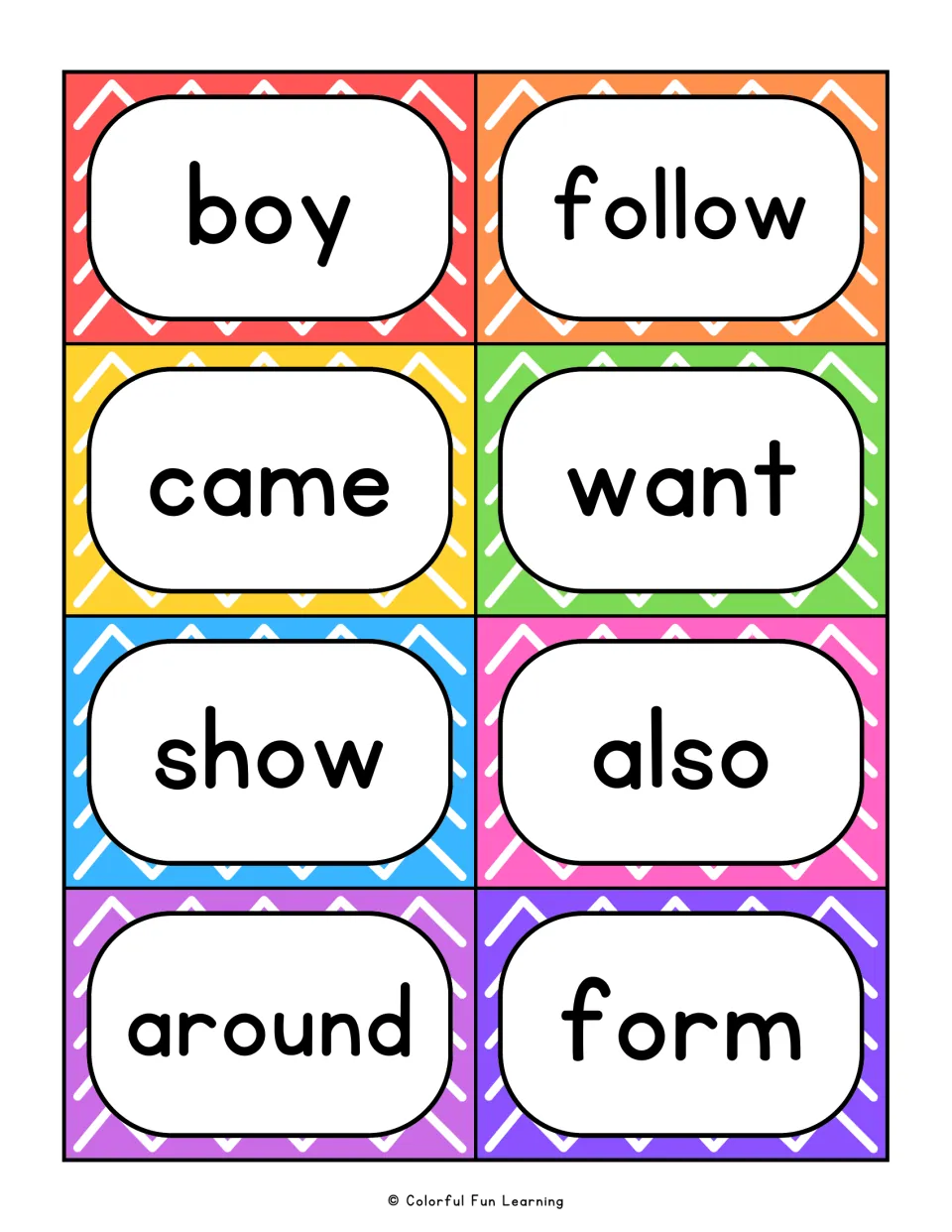 Sight word flashcards 41–48: boy, follow, came, want, show, also, around, and form for reading practice