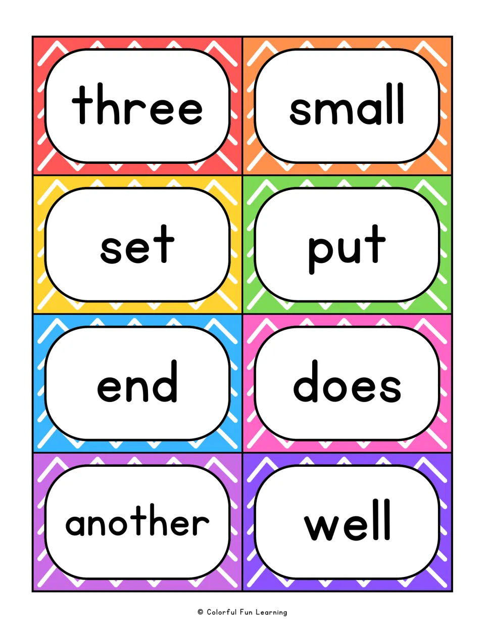 Sight word flashcards 49–56: three, small, set, put, end, does, another, and well for reading practice
