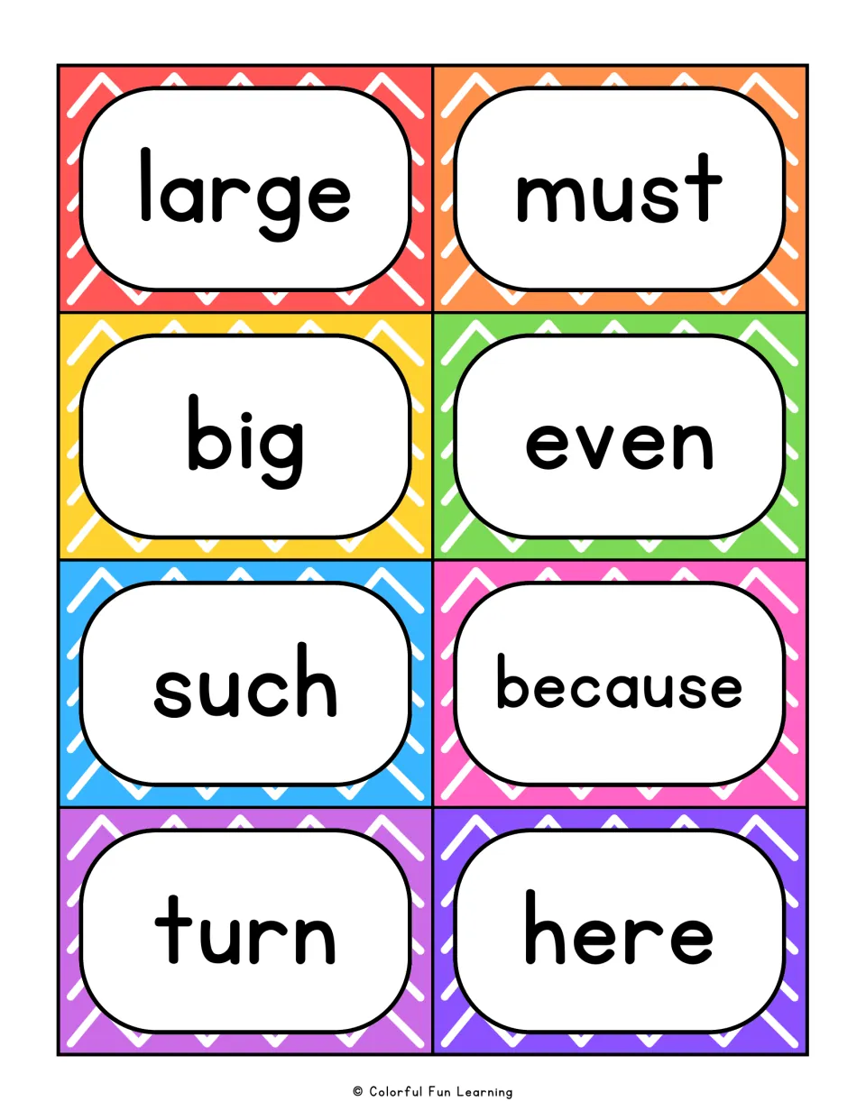 Sight word flashcards 57–64: large, must, big, even, such, because, turn, and here for reading practice