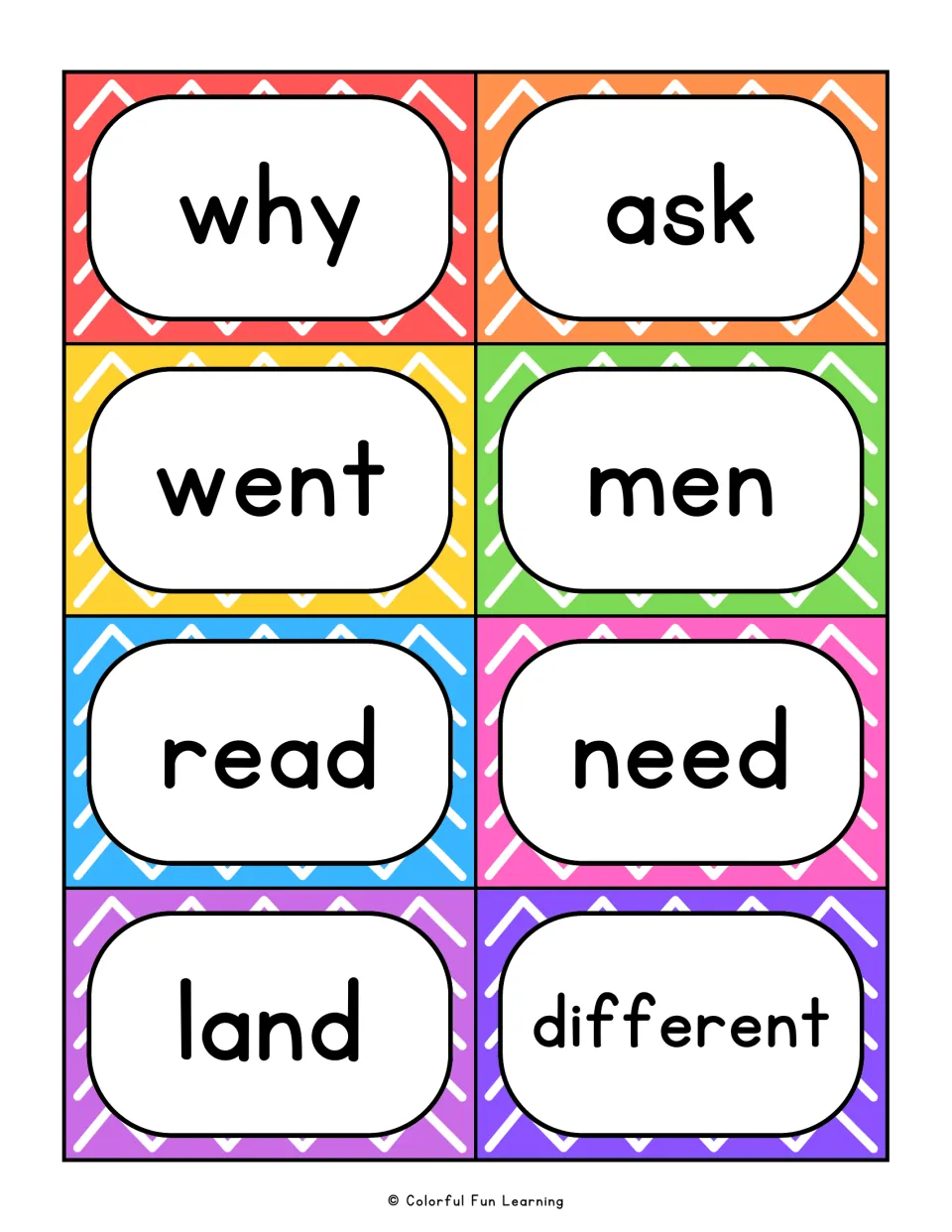 Sight word flashcards 65–72: why, ask, went, men, read, need, land, and different for reading practice
