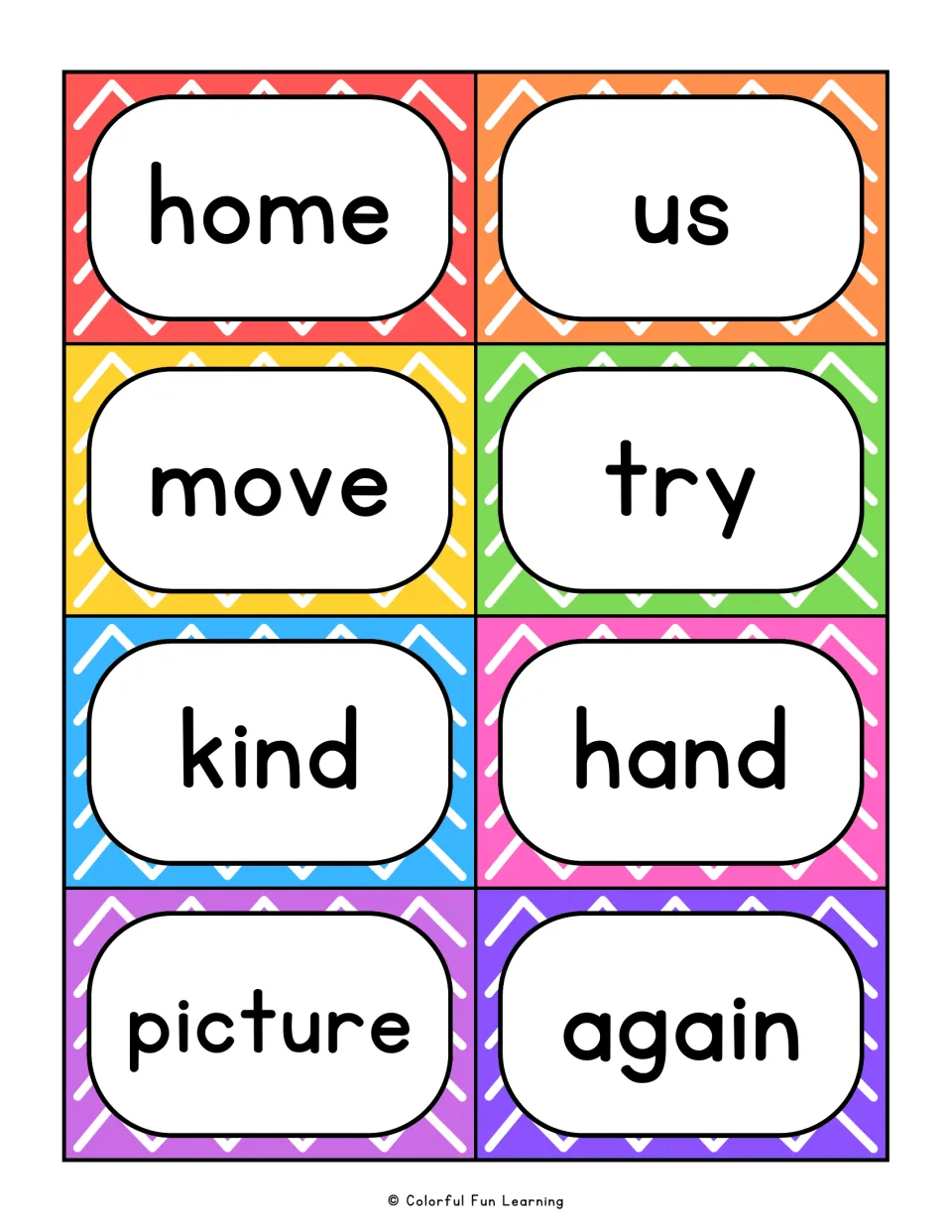 Sight word flashcards 73–80: home, us, move, try, kind, hand, picture, and again for reading practice