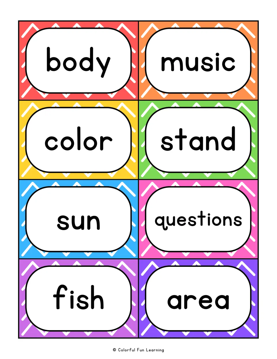 Fry sight word flashcards 1–8: body, music, color, stand, sun, questions, fish, and area.