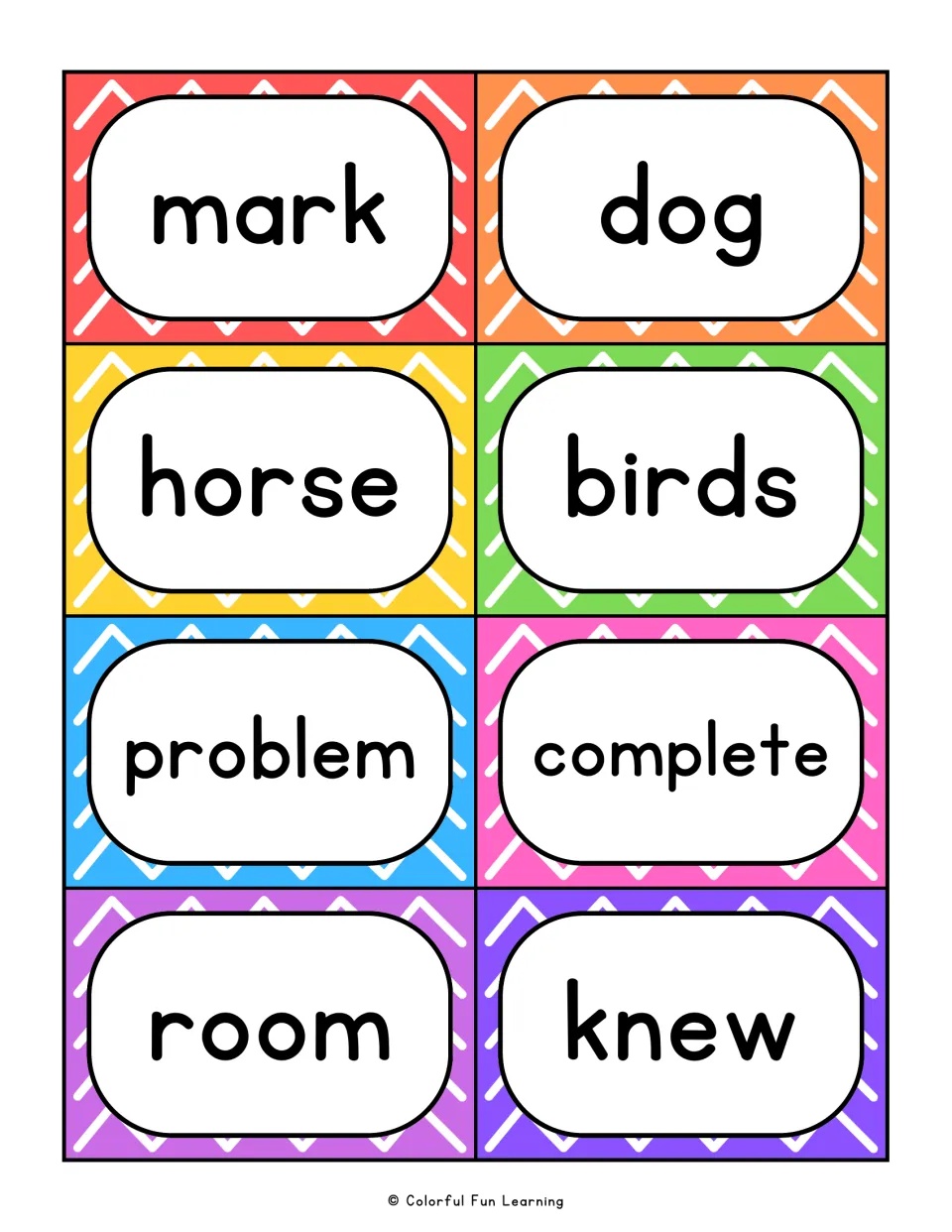 Fry sight word flashcards 9–16: mark, dog, horse, birds, problem, complete, room, and knew.