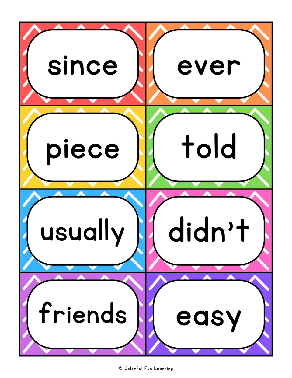 Fry sight word flashcards 17–24: since, ever, piece, told, usually, didn’t, friends, and easy.