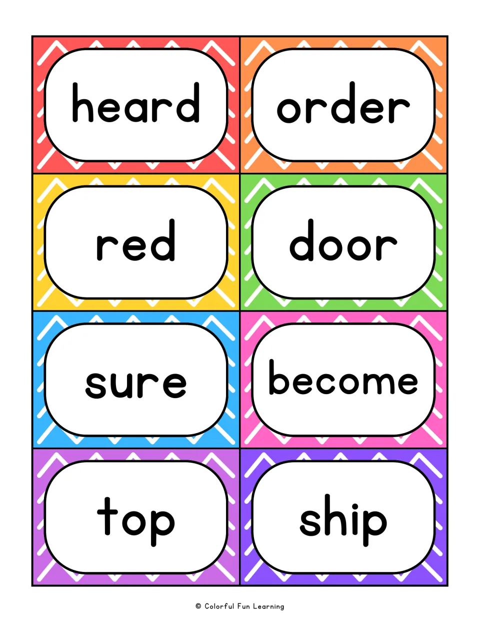 Fry sight word flashcards 25–32: heard, order, red, door, sure, become, top, and ship.