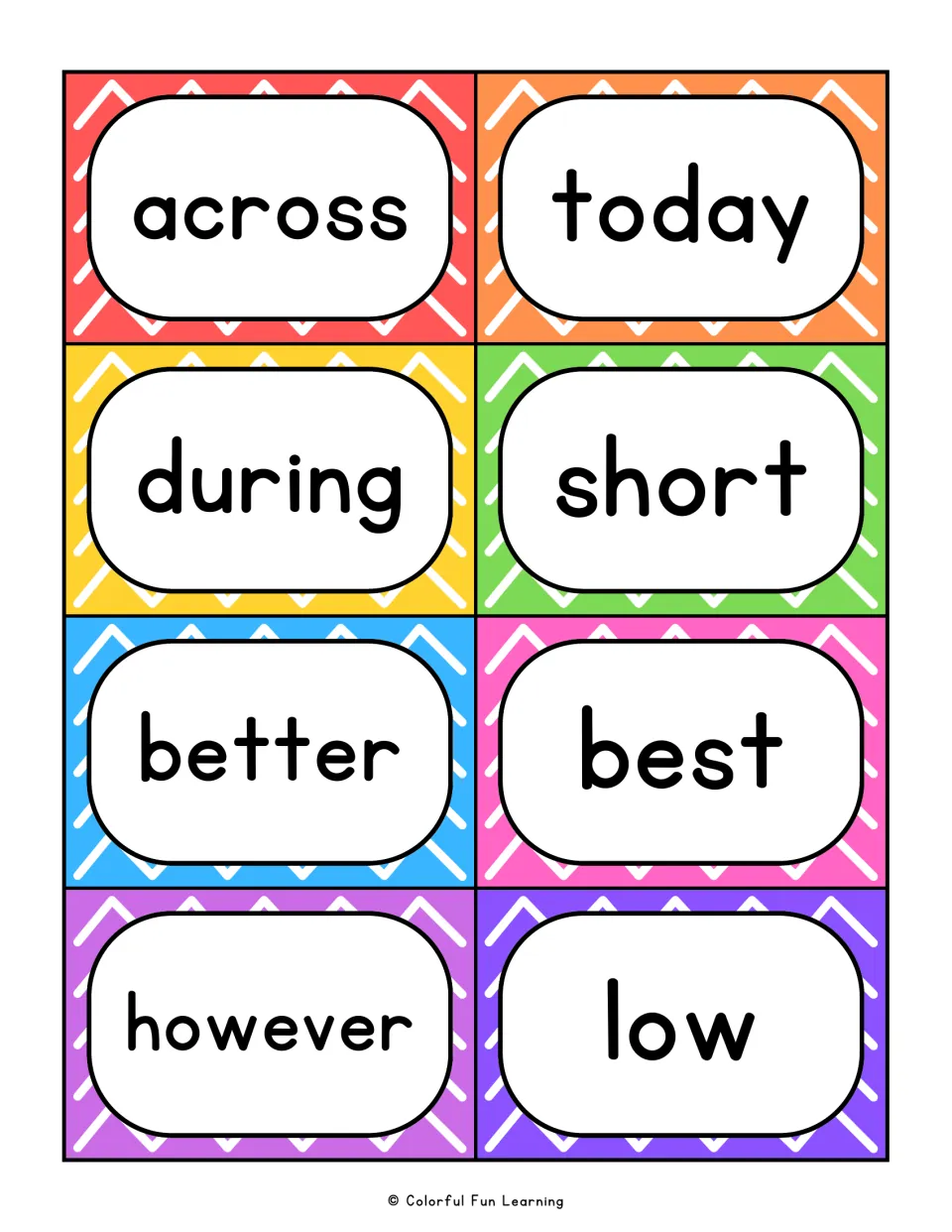 Fry sight word flashcards 33–40: across, today, during, short, better, best, however, and low.