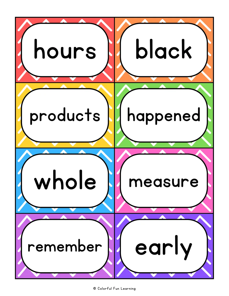 Fry sight word flashcards 41–48: hours, black, products, happened, whole, measure, remember, and early.