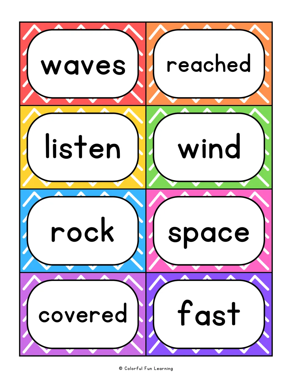 Fry sight word flashcards 49–56: waves, reached, listen, wind, rock, space, covered, and fast.