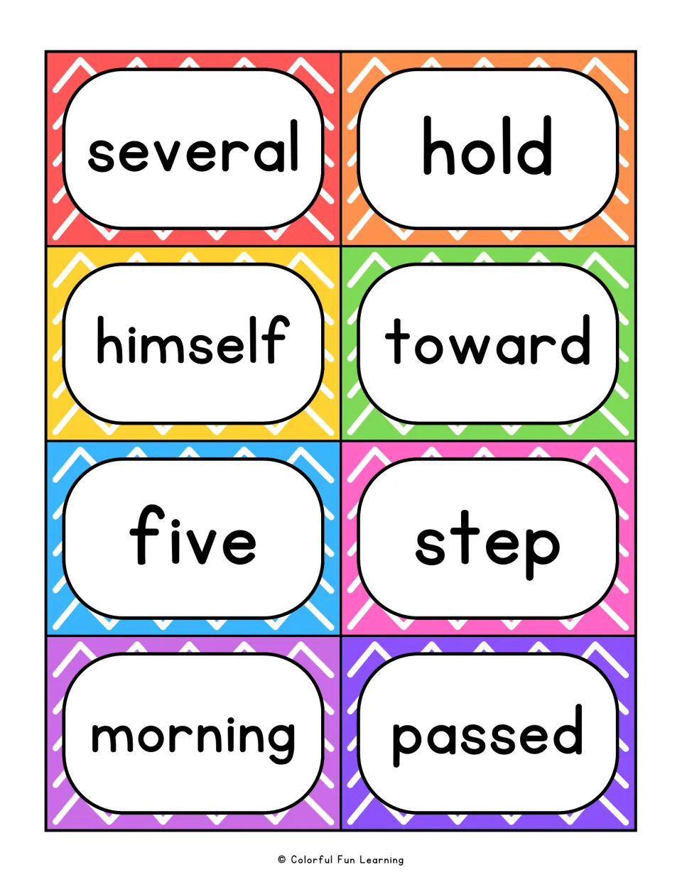 Fry sight word flashcards 57–64: several, hold, himself, toward, five, step, morning, and passed.