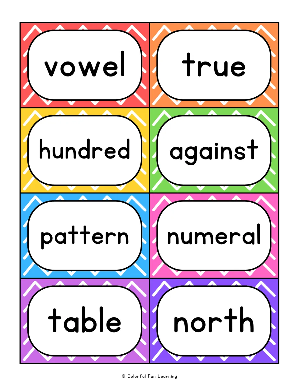 Fry sight word flashcards 65–72: vowel, true, hundred, against, pattern, numeral, table, and north.