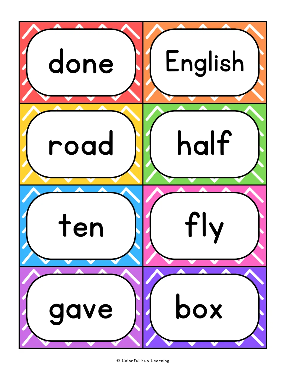 Fry sight word flashcards 1–8: done, English, road, half, ten, fly, gave, and box for reading practice.