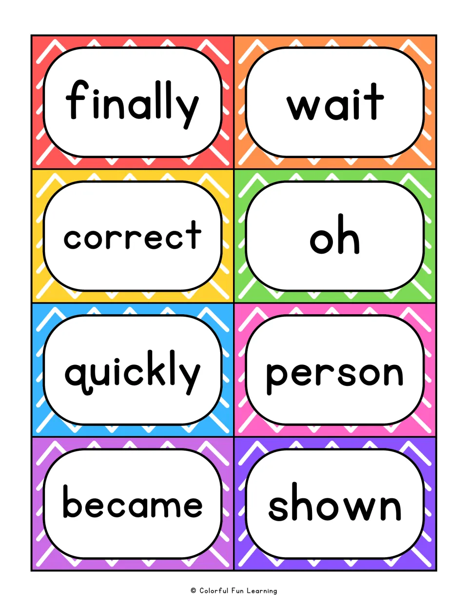 Fry sight word flashcards 9–16: finally, wait, correct, oh, quickly, person, became, and shown.