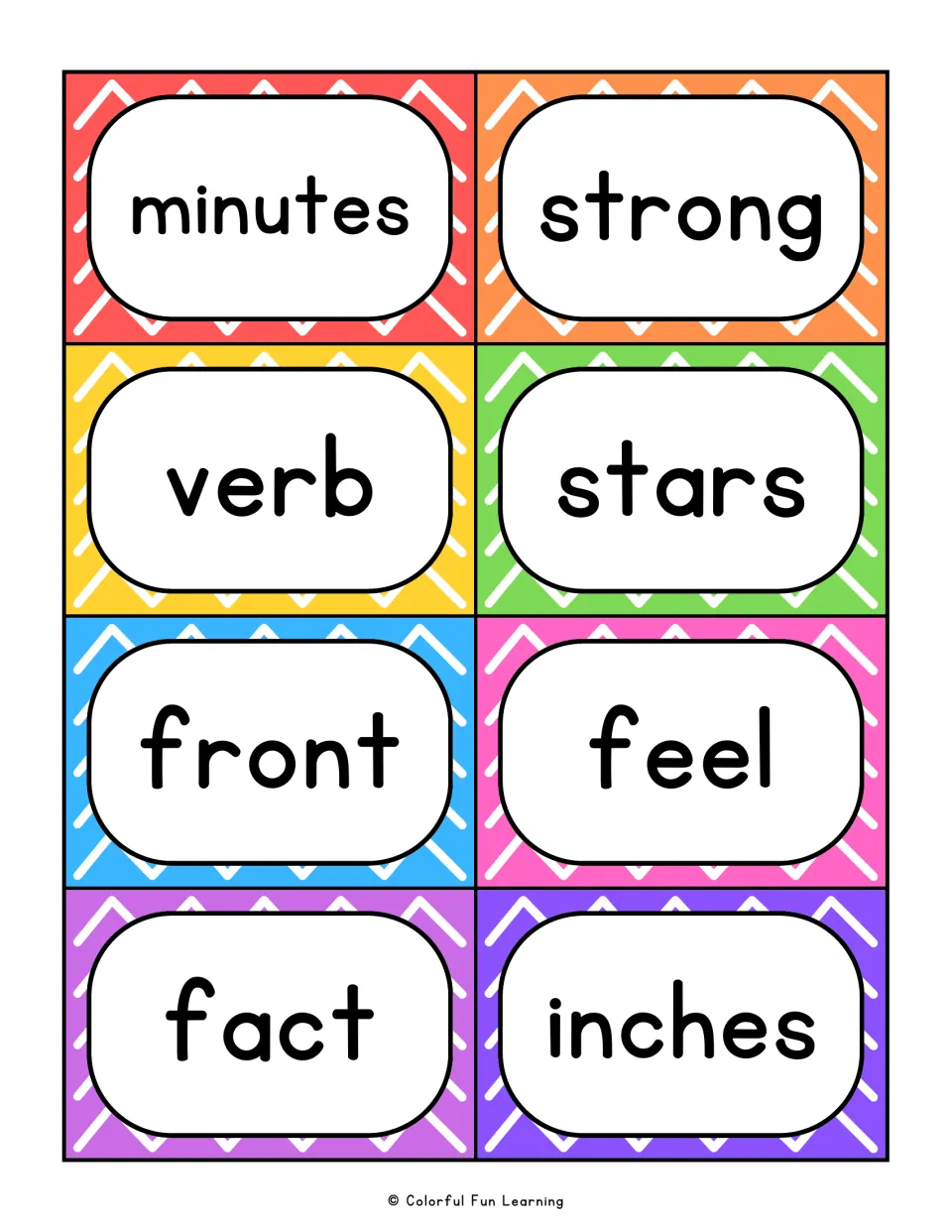 Fry sight word flashcards 17–24: minutes, strong, verb, stars, front, feel, fact, and inches.
