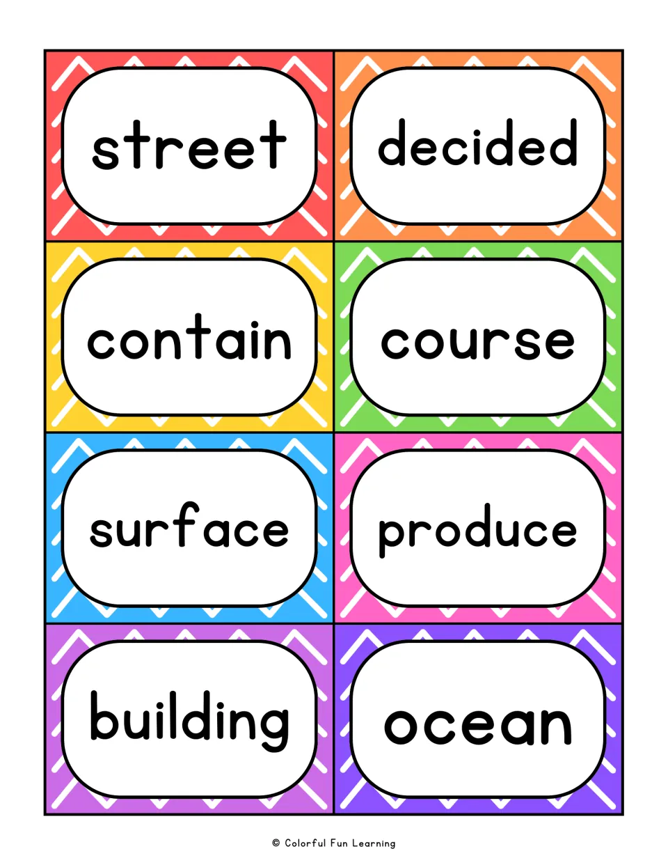 Fry sight word flashcards 25–32: street, decided, contain, course, surface, produce, building, and ocean.