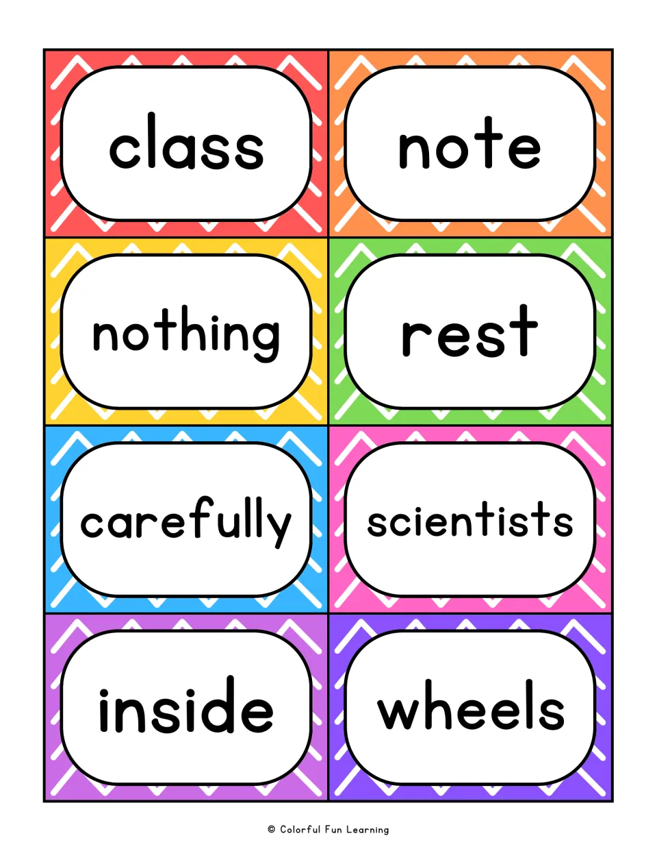Fry sight word flashcards 33–40: class, note, nothing, rest, carefully, scientists, inside, and wheels.
