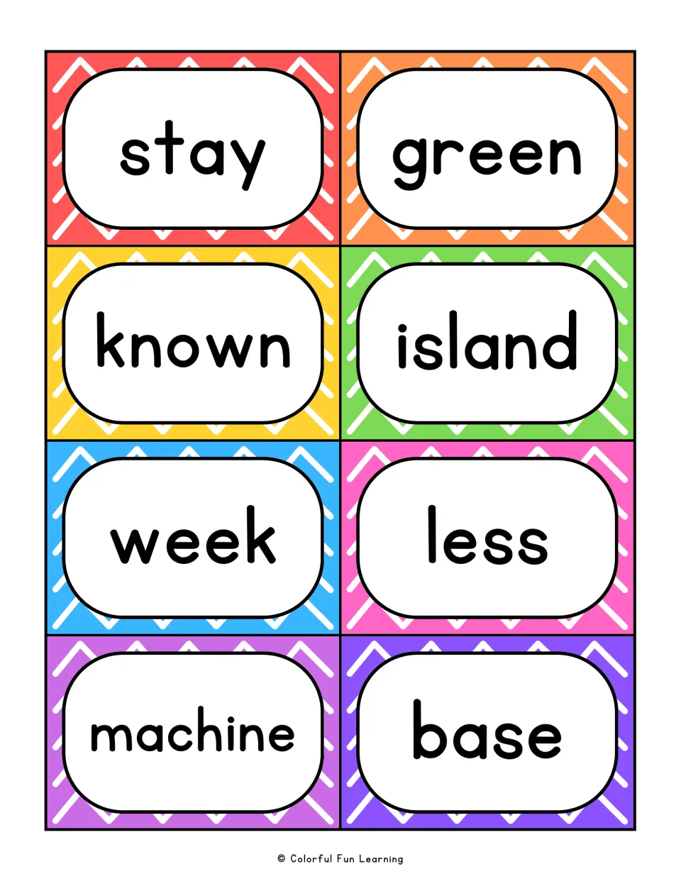 Fry sight word flashcards 41–48: stay, green, known, island, week, less, machine, and base.