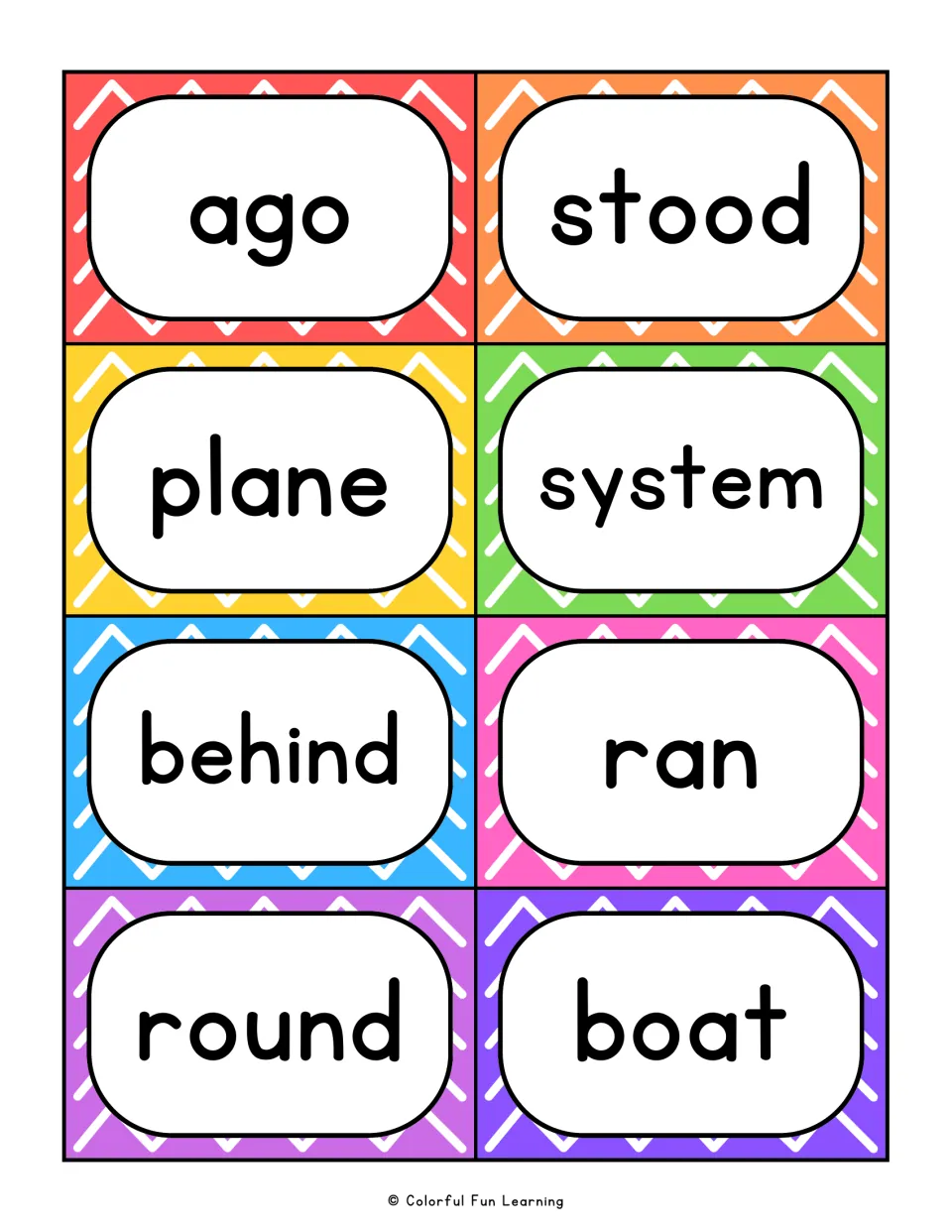 Fry sight word flashcards 49–56: ago, stood, plane, system, behind, ran, round, and boat.