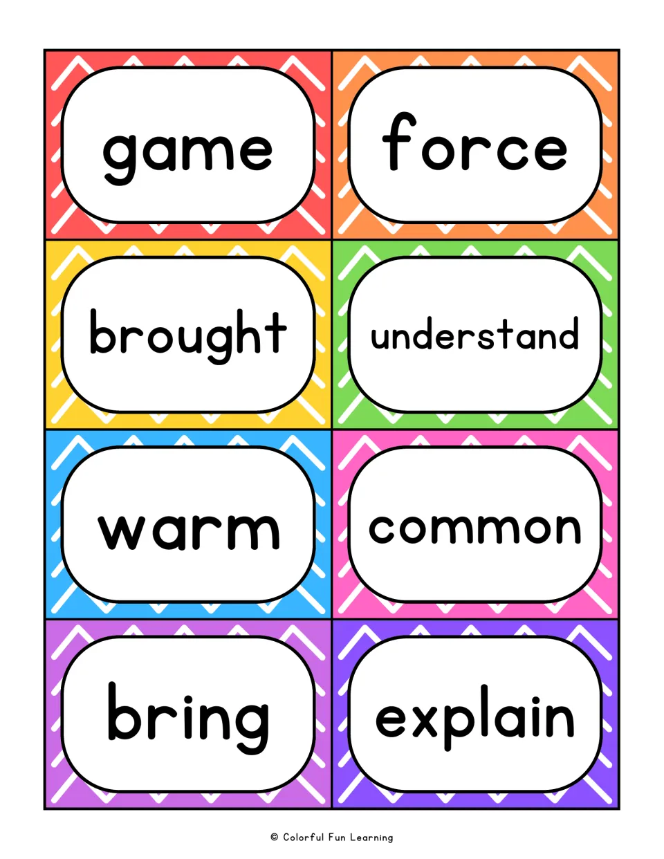 Fry sight word flashcards 57–64: game, force, brought, understand, warm, common, bring, and explain.