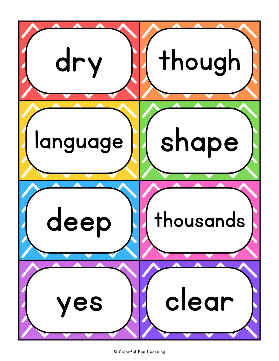 Fry sight word flashcards 65–72: dry, though, language, shape, deep, thousands, yes, and clear.