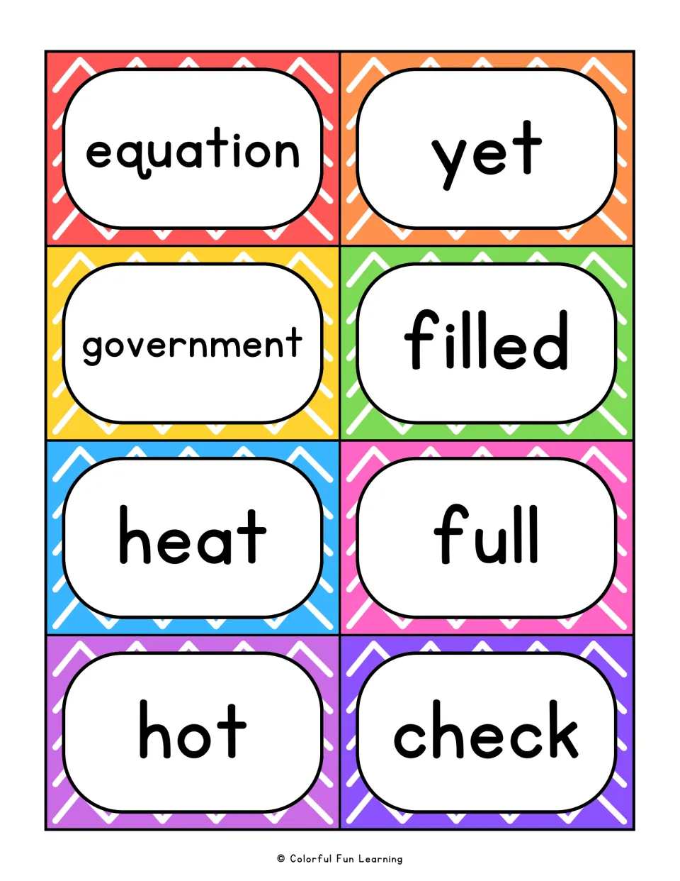 Fry sight word flashcards 73–80: equation, yet, government, filled, heat, full, hot, and check.