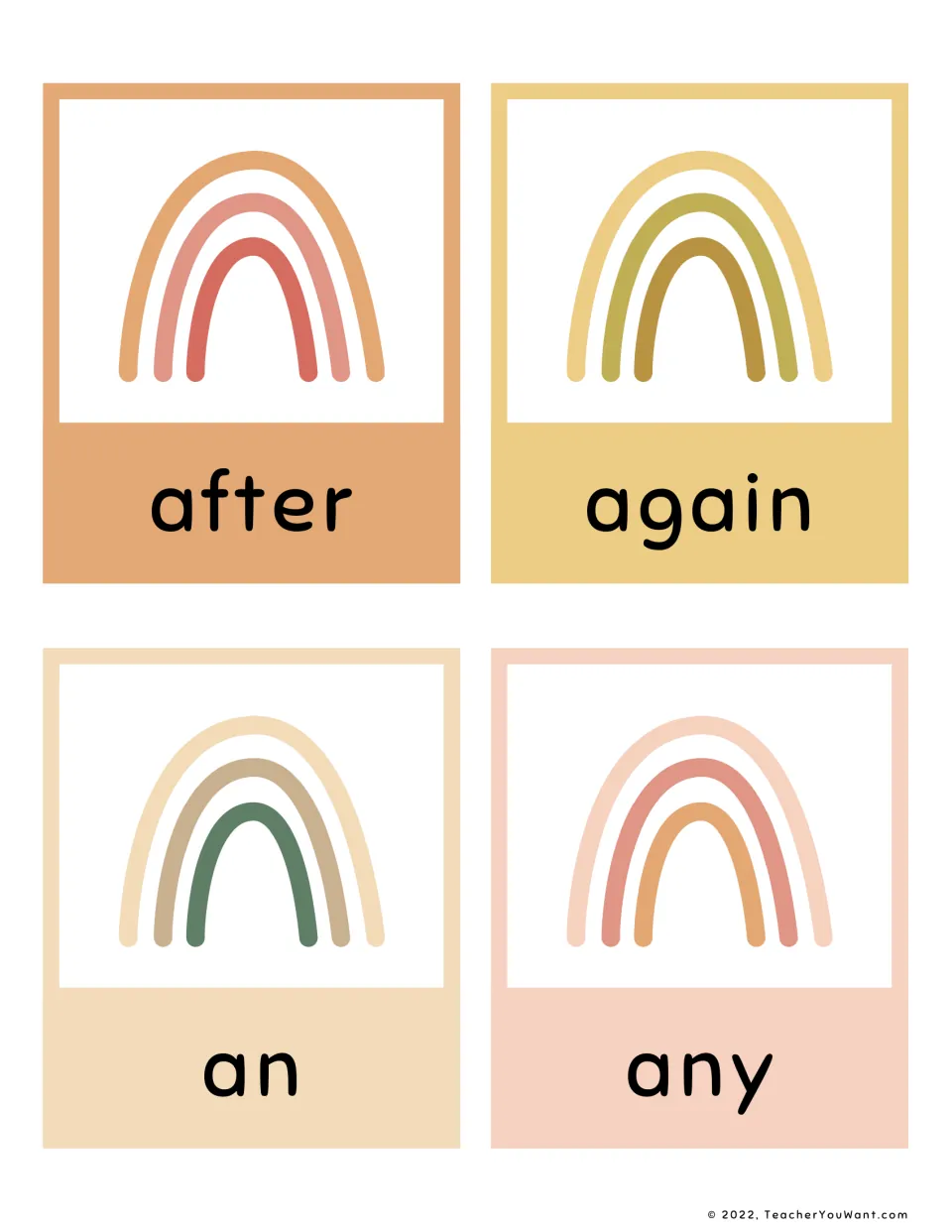 Sight word flashcards 1–4: after, again, an, and any, part of the first-grade reading flashcard set.