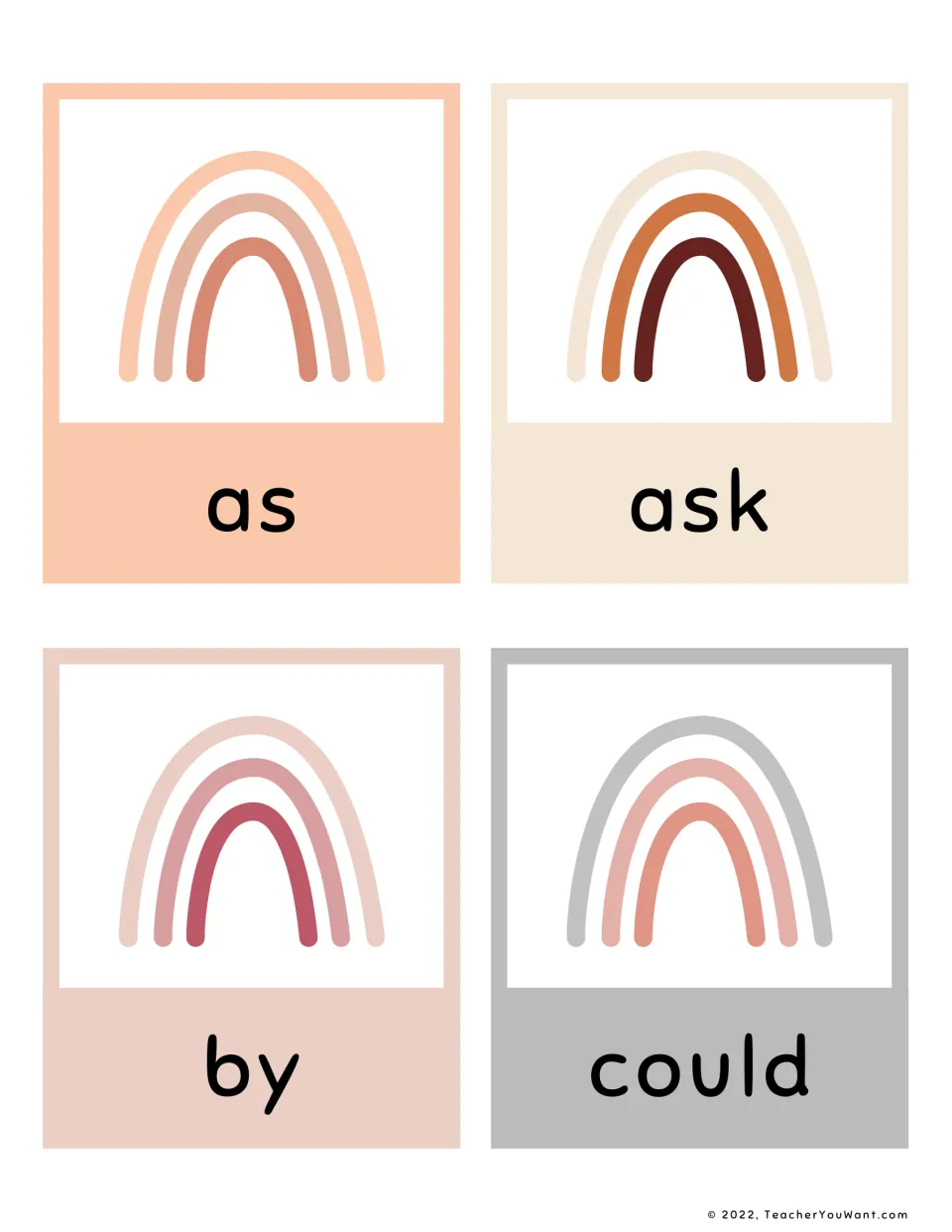 Sight word flashcards 5–8: as, ask, by, and could, part of the first-grade reading flashcard set.