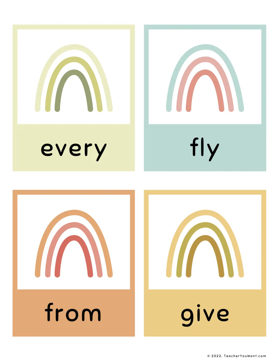 Sight word flashcards 9–12: every, fly, from, and give, part of the first-grade reading flashcard set.