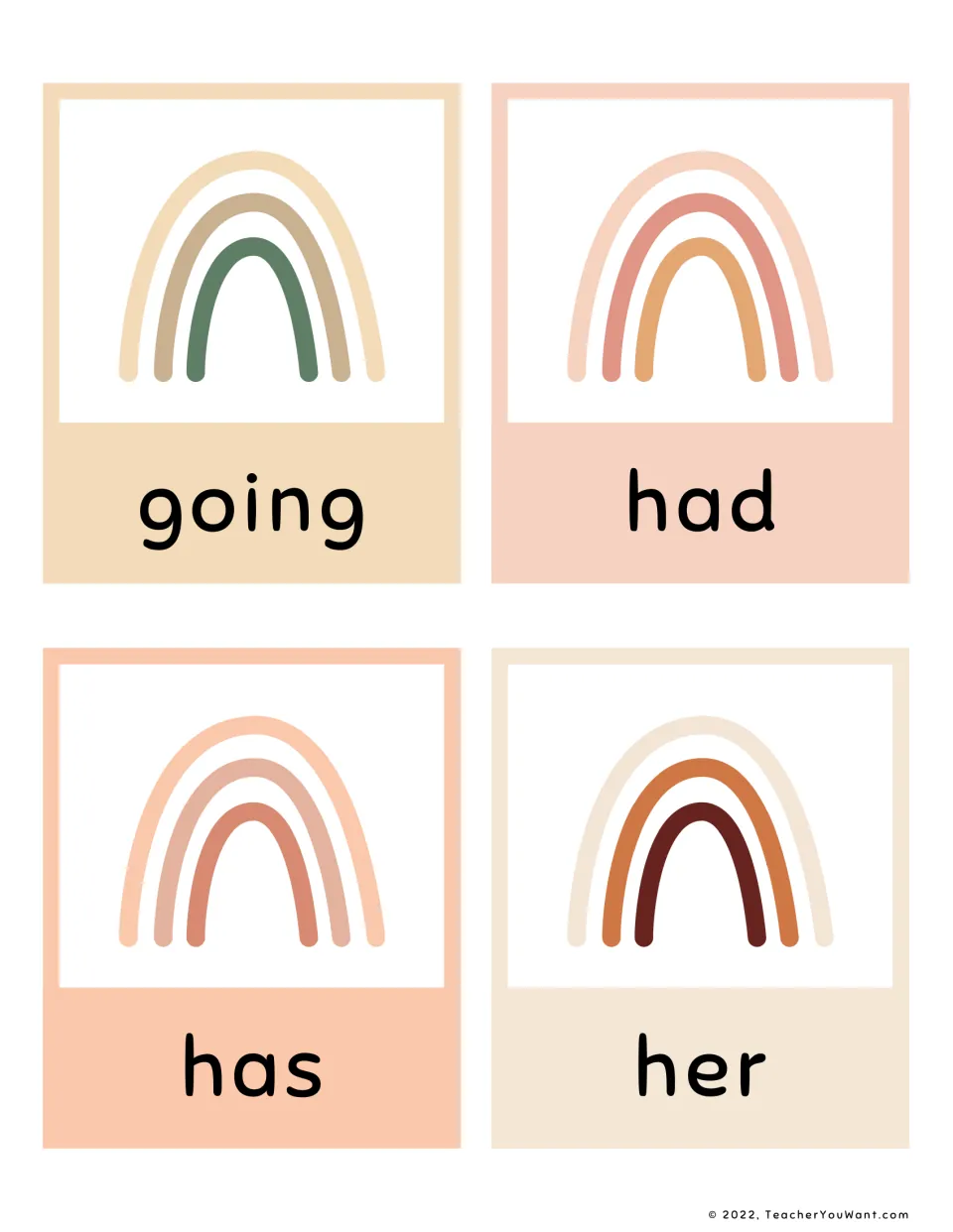 Sight word flashcards 13–16: going, had, has, and her, part of the first-grade reading flashcard set.