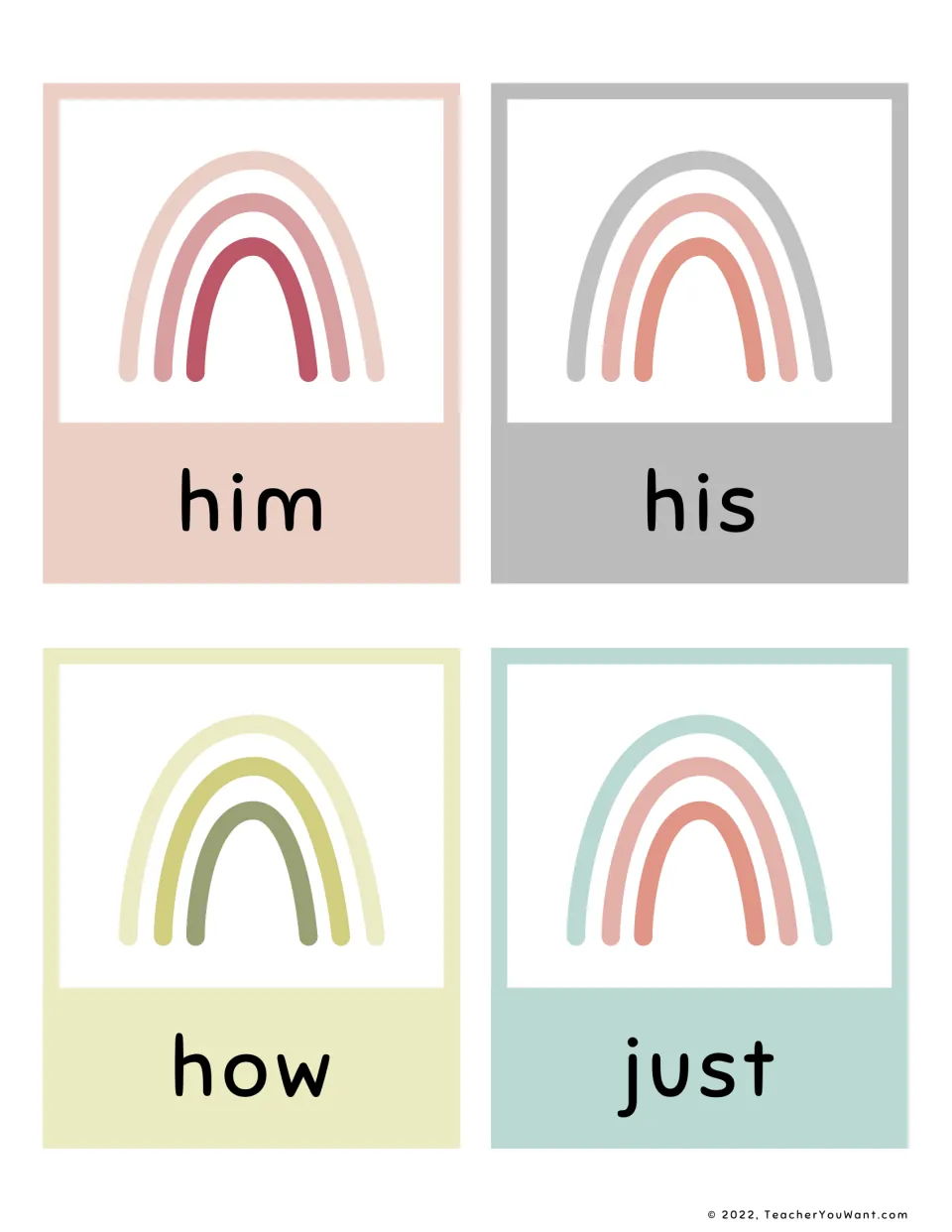 Sight word flashcards 17–20: him, his, how, and just, part of the first-grade reading flashcard set.
