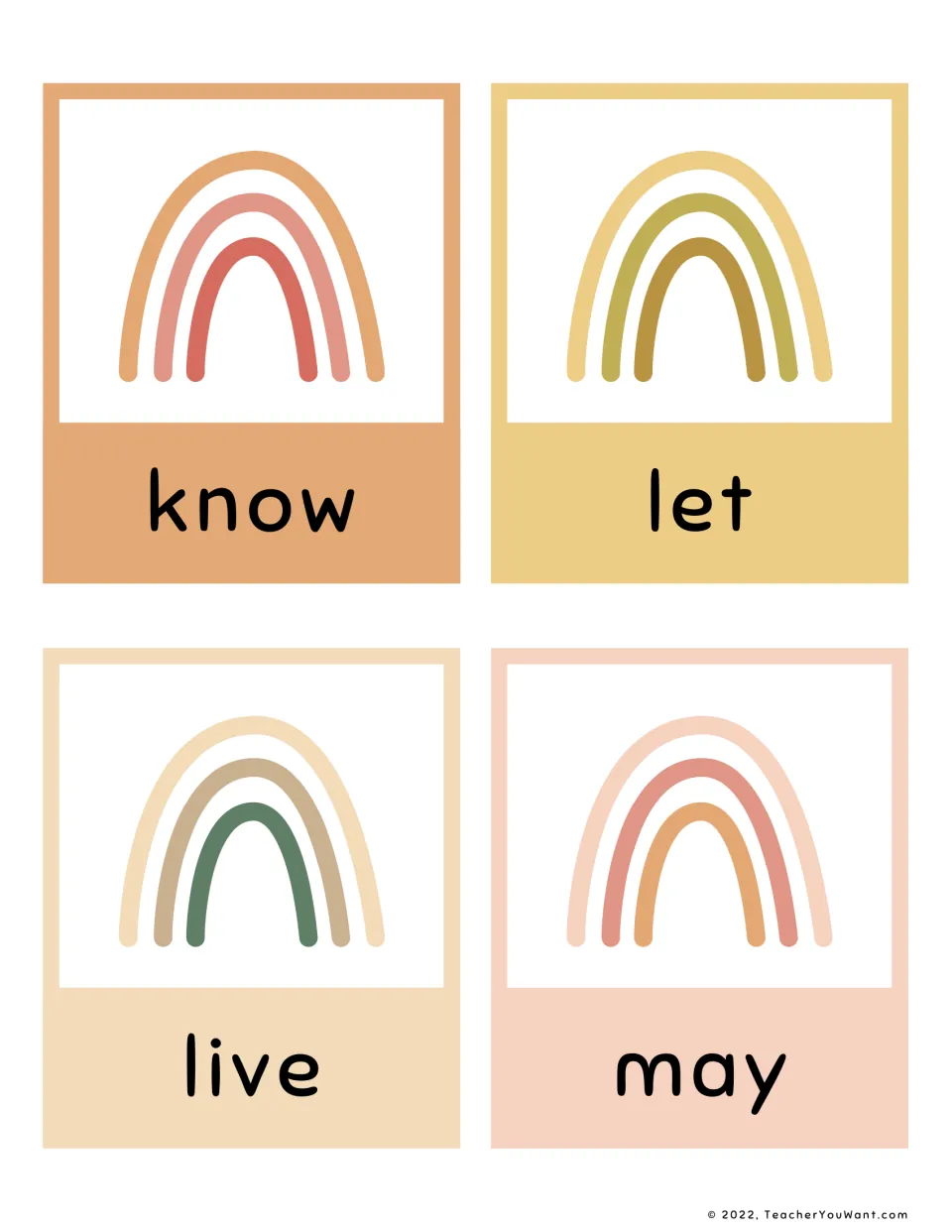 Sight word flashcards 21–24: know, let, live, and may, part of the first-grade reading flashcard set.