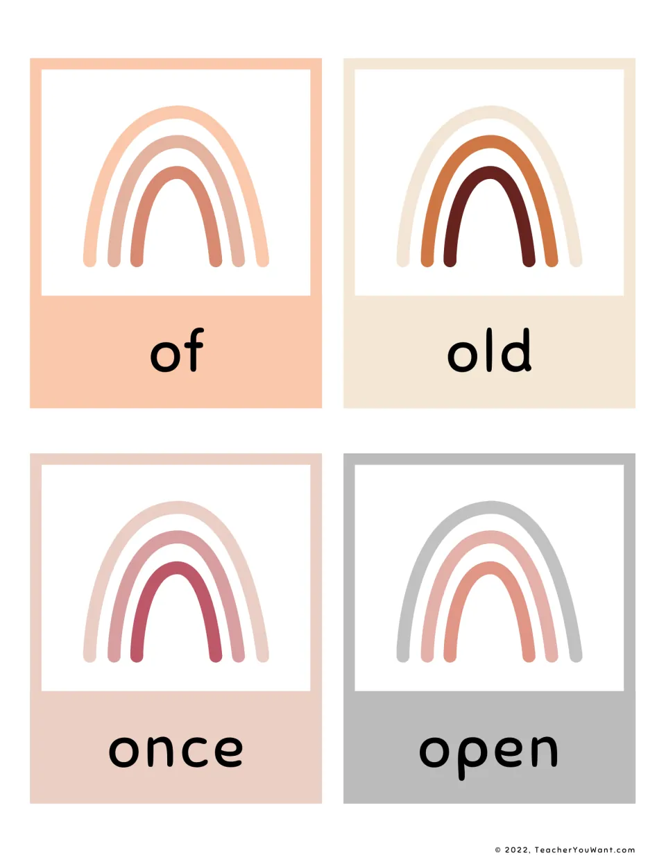 Sight word flashcards 25–28: of, old, once, and open, part of the first-grade reading flashcard set.