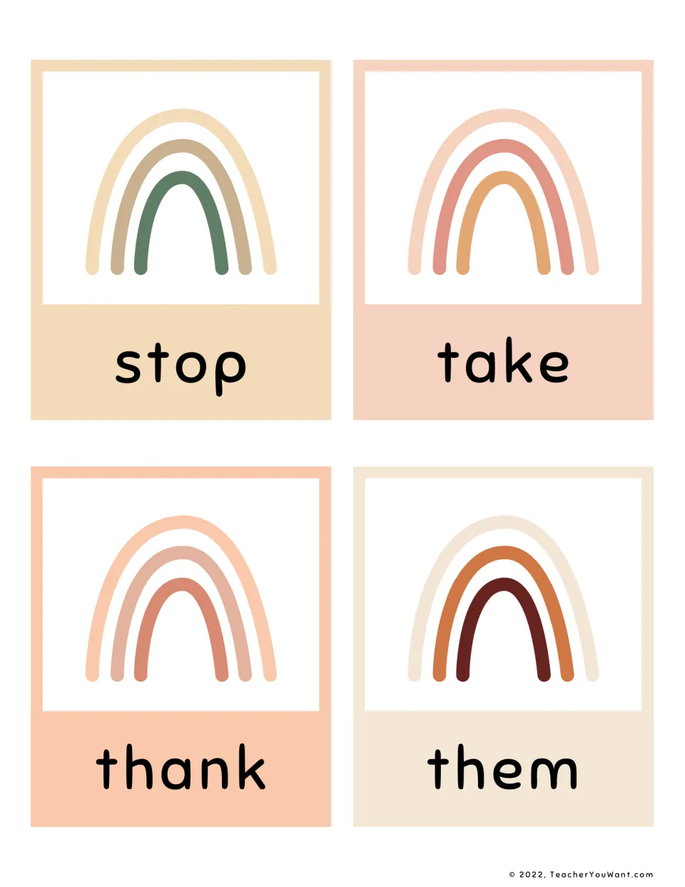Sight word flashcards 33–36: stop, take, thank, and them, part of the first-grade reading flashcard set.