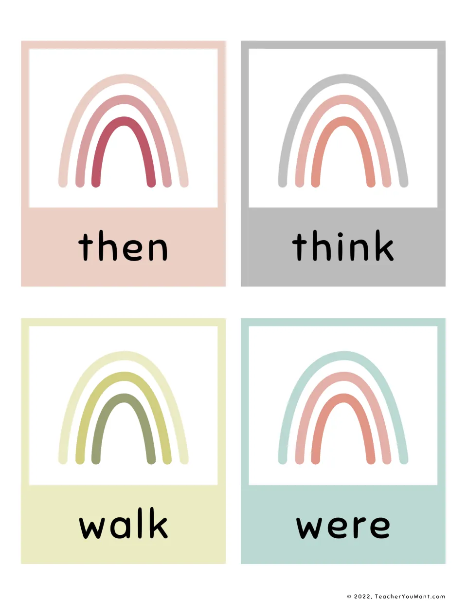Sight word flashcards 37–40: then, think, walk, and were, part of the first-grade reading flashcard set.
