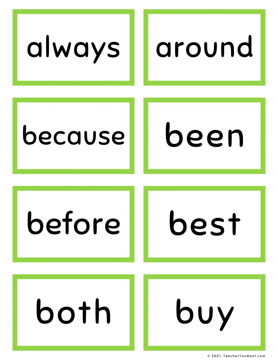 Sight word flashcards for word recognition: always, around, because, been, before, best, both and buy, eight cards to cut