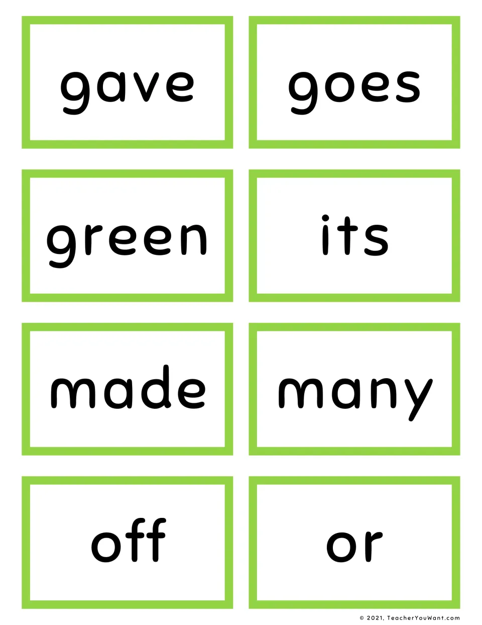 Word cards to read on sight: gave, goes, green, its, made, many, off and or, printed in large lowercase letters to cut out