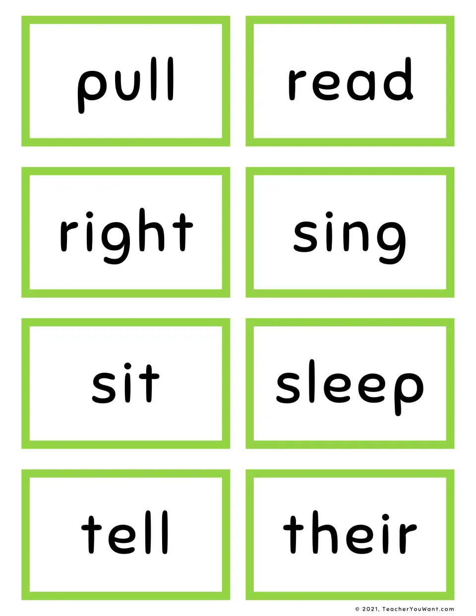 Sight word cards for students to read aloud: pull, read, right, sing, sit, sleep, tell and their, eight words in all