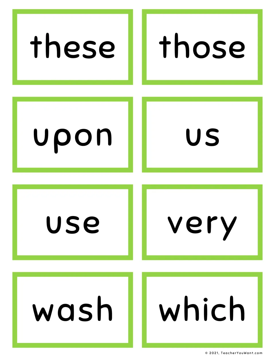 High-frequency word flashcards with these, those, upon, us, use, very, wash and which for students to recognize and read