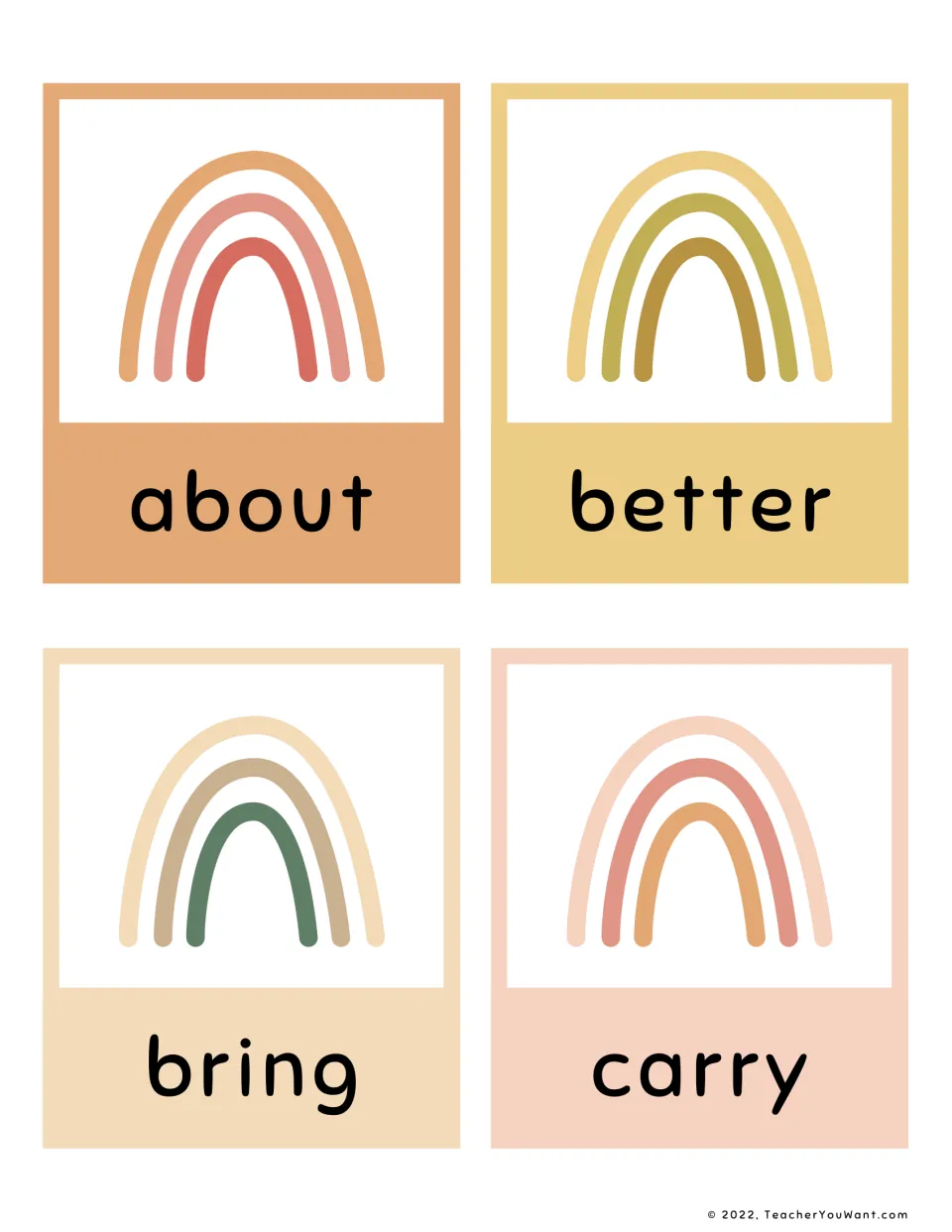 Sight word flashcards: about, better, bring and carry, each word printed below a muted rainbow for students to read aloud