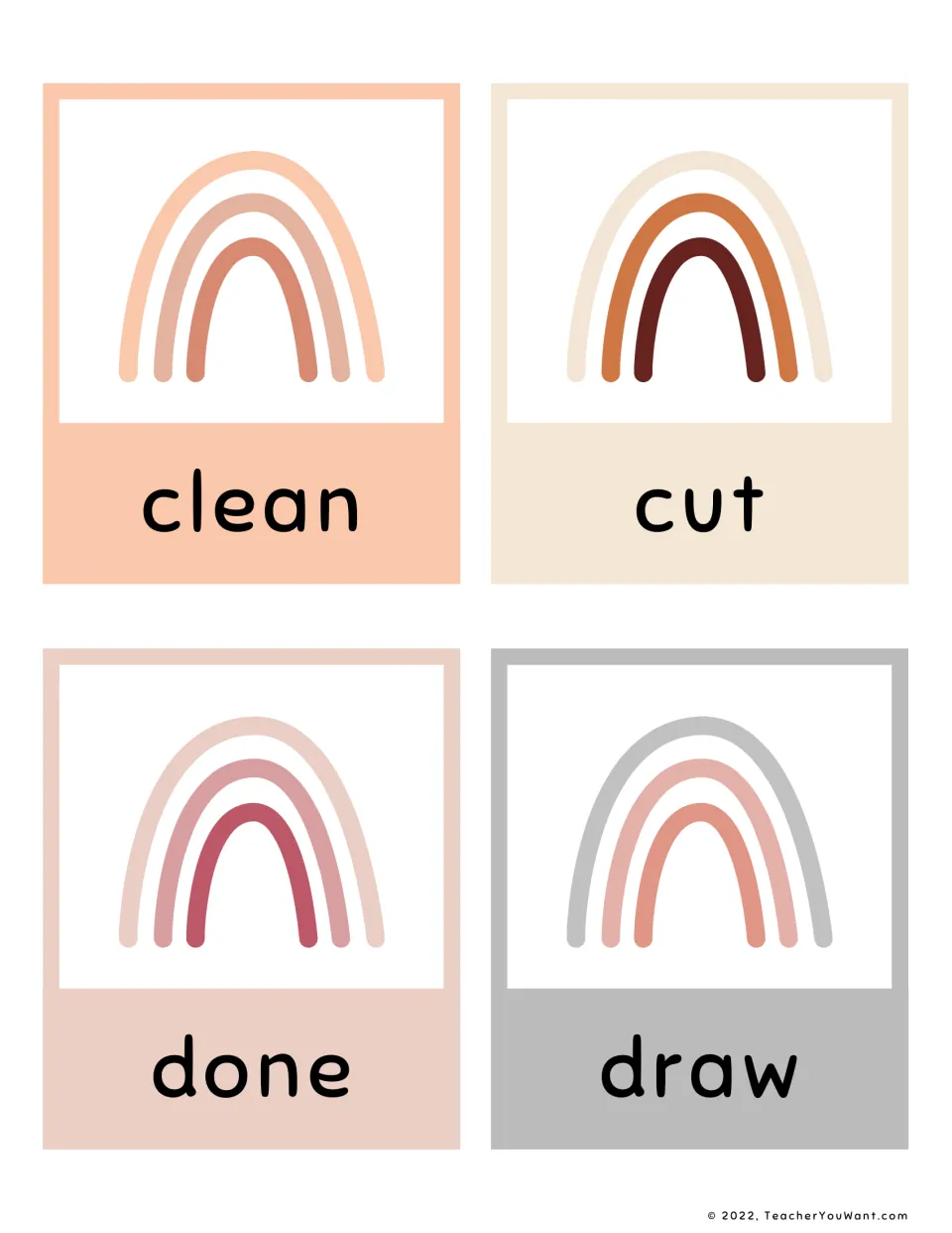Sight word cards for clean, cut, done and draw; students read each word, shown beneath a pastel rainbow, as cards flip