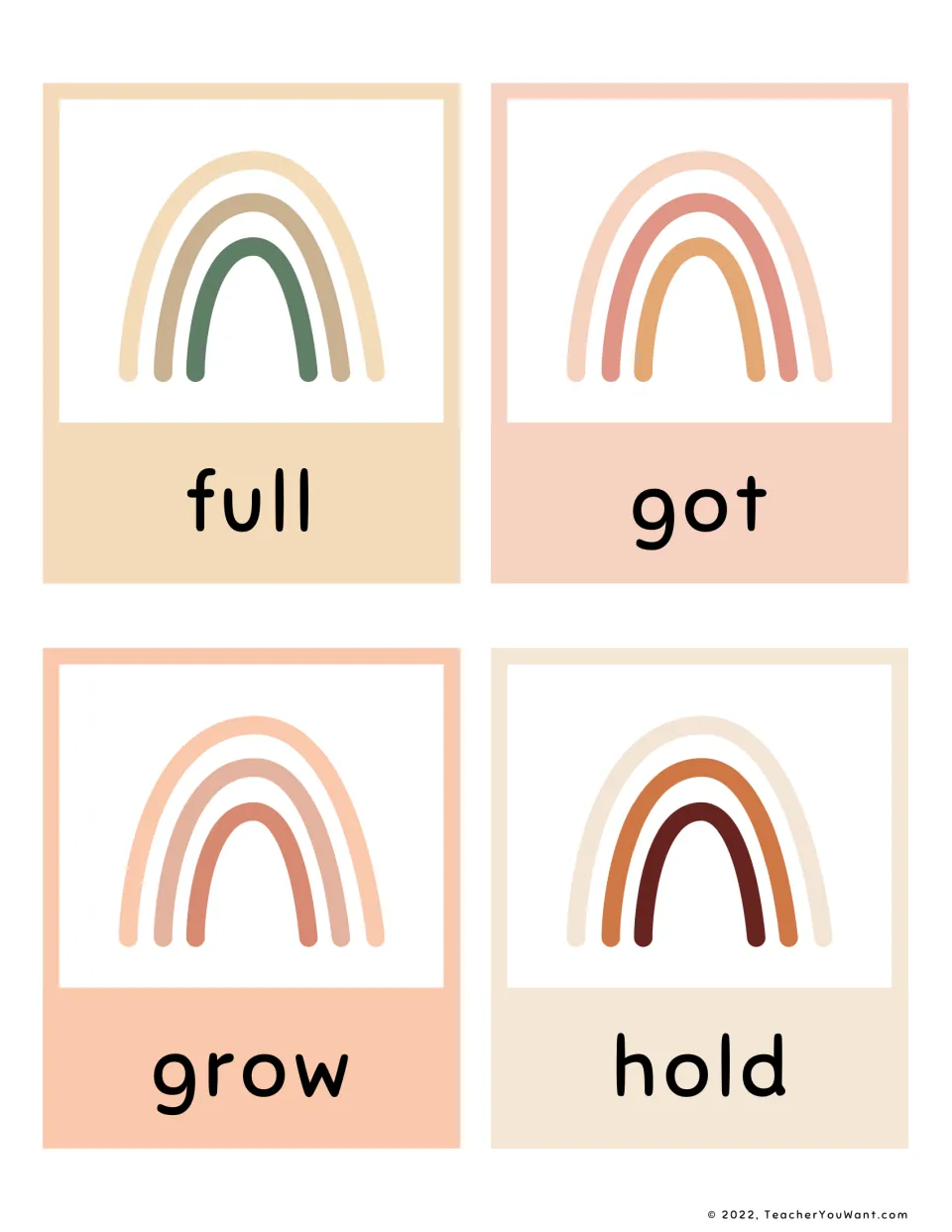 Flashcards with the sight words full, got, grow and hold, each paired with a rainbow picture, for students to read on sight