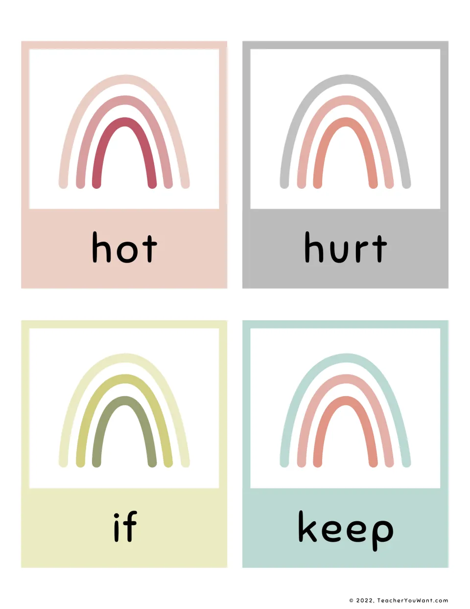 Sight word cards for hot, hurt, if and keep; students say each word printed under a rainbow image during reading practice