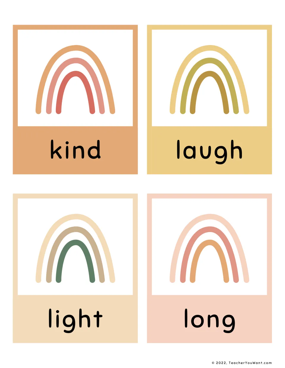 High-frequency word cards showing kind, laugh, light and long below rainbow drawings, for building automatic word reading