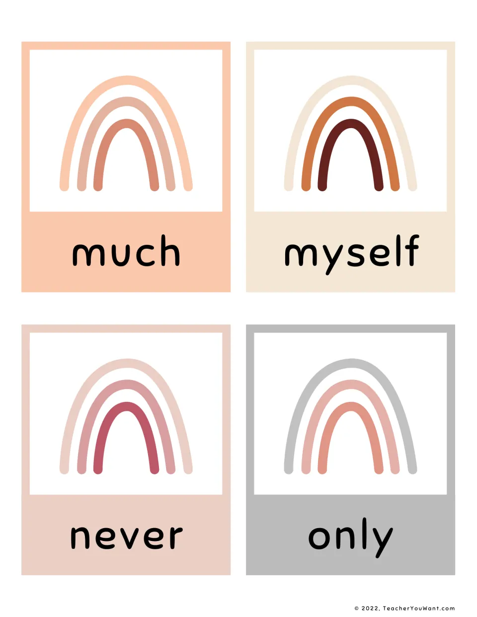 Flashcards for much, myself, never and only, each word under a muted rainbow, so students practise reading words on sight
